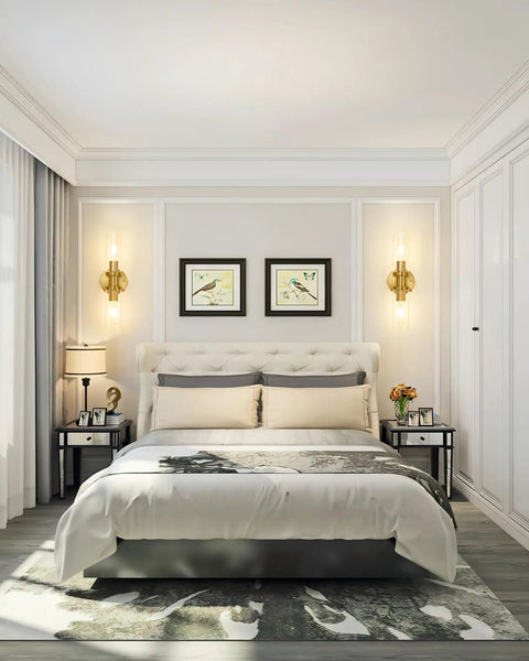 Bedroom with Battery Powered Wall Sconce Set Of 2 With 10000mAh Rechargeable Batteries Remote Control, gold finish, above bed