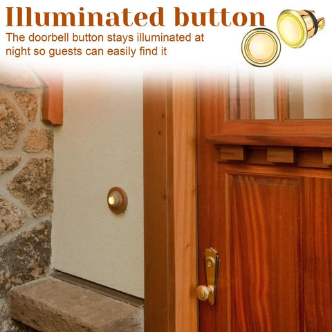2 Pack Lighted Doorbell Button Replacement Kit with round gold rim and bright center LED installed on wall next to wooden door.