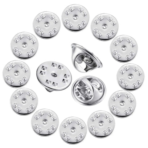 Clutch Badge Pin Backs Replacement Set 10 Mm Nickel Plated Brass For Insignia 50 Pack Silver Durable Locking Clips displayed in a circle