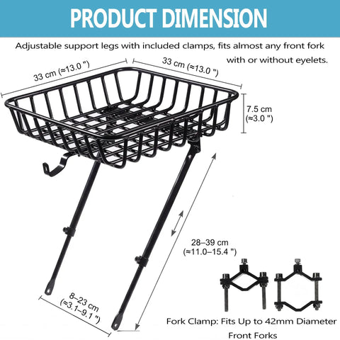 Front Bike Basket Rack With Adjustable Struts, Heavy Duty Aluminum Front Rack For 26 To 29 Inch Bikes dimensions display.