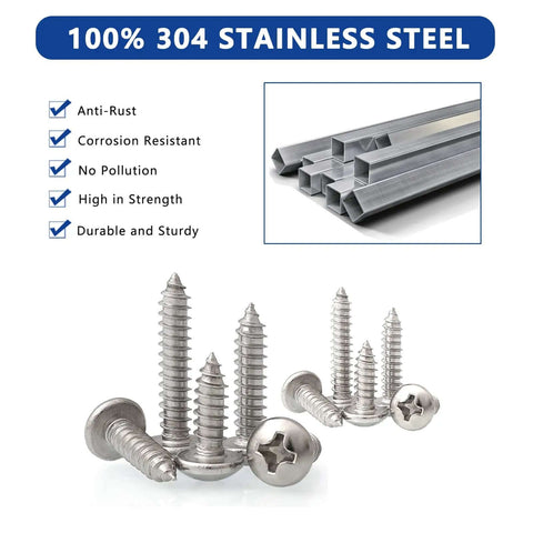 Stainless Steel Wood Screws Kit With 550 Pieces, 18 Common Sizes From Size Four To Size Twelve, corrosion resistant screws displayed