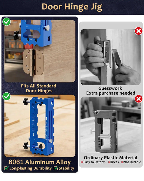 Adjustable Door Hinge Jig For Router, Heavy-Duty Aluminum Alloy Mortise Template Fits 2.5 To 5 Inch Hinges mounted on door.