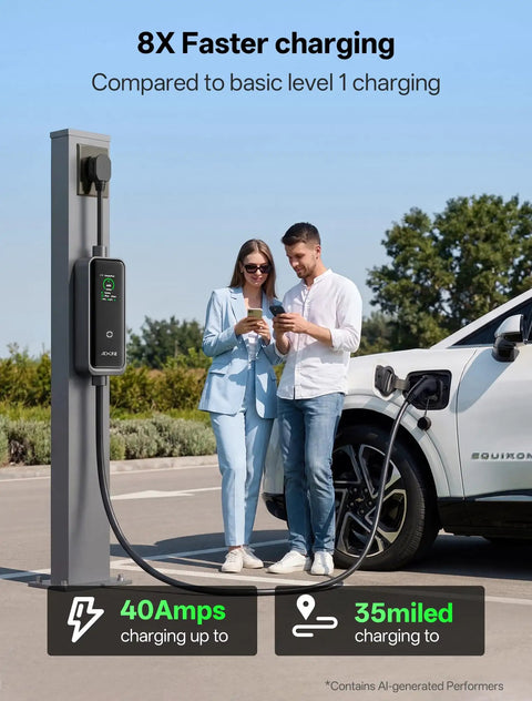Badass Level Two EV Charger With Forty Amp J1772 Connector Slick WiFi App Control, charging with 25-foot cable at station.