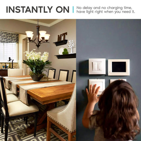 Child turning on light switch in dining room with light fixtures, illustrating Light Up Your Space With A19 LED Light Bulb 60W Equivalent.