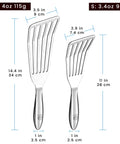 Front view of stainless steel fish spatula set (2): large and small turners with slim edges and ergonomic non-slip handles.
