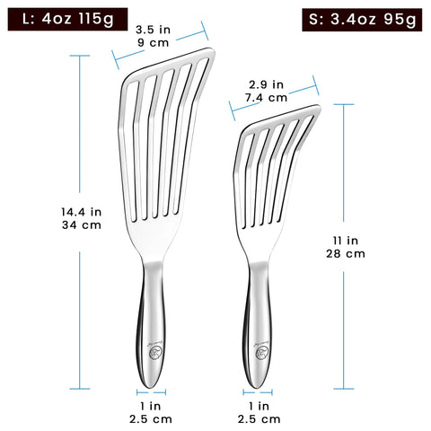 Front view of stainless steel fish spatula set (2): large and small turners with slim edges and ergonomic non-slip handles.