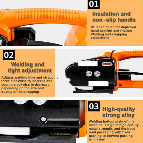 Electric Welding Strapping Machine 13 16Mm Automatic Steel Strap Toner details including handle and adjustment features.