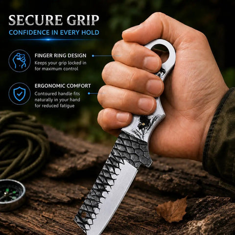 Hand gripping Cowboy Style Fixed Blade Knife With Resin Handle for Camping, Ranch Work, and Hunting, showing secure grip details