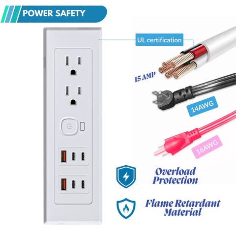 Drawer Outlet Kit With Four USB C PD30W Fast Chargers Plus Two USB A And Two Tamper Resistant Outlets, power safety features