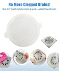 30 Pack Premium Self Adhesive 4.3 Inch Shower Drain Hair Catcher Mesh Strainer used to prevent clogs in sinks and bathtubs.