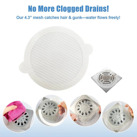 30 Pack Premium Self Adhesive 4.3 Inch Shower Drain Hair Catcher Mesh Strainer used to prevent clogs in sinks and bathtubs.