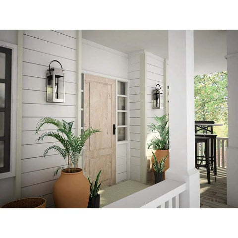 Union Square Collection 1-Light Outdoor Wall Lantern With Clear Flat Glass Stainless Steel Finish on farmhouse porch