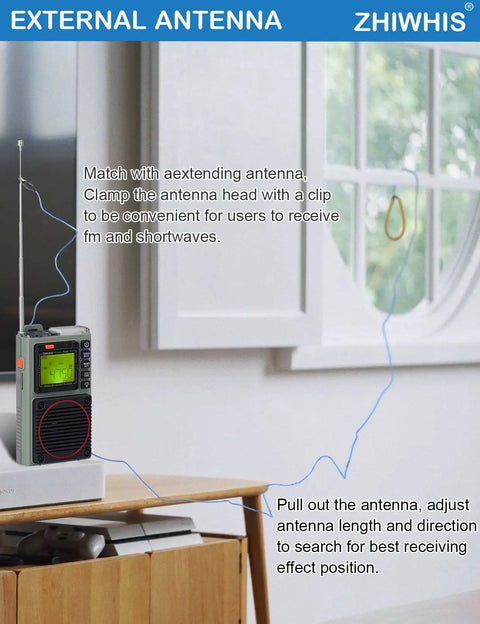 Tiny But Mighty Shortwave Radio With 7 Backlight Colors, App Control, AM FM VHF SW WB Receiver showing extended antenna