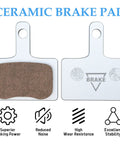 Front and back of ceramic bike brake pads set for disc brakes with broad compatibility for Shimano Deore Tektro and TRP models.