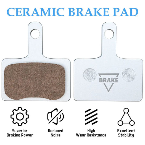 Front and back of ceramic bike brake pads set for disc brakes with broad compatibility for Shimano Deore Tektro and TRP models.