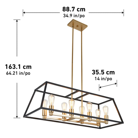 Mid Century Modern Geometric Chandelier With Black And Gold Accents In Age Brass Finish, Rectangular Pendant, Eight Lights