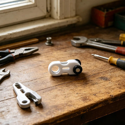 Dead Quiet Curtain Pulley Rollers With Hidden Rail Track And Dual Wheel Design For Heavy Drapes and Zero Hassle ceiling mount hardware on wooden workbench.