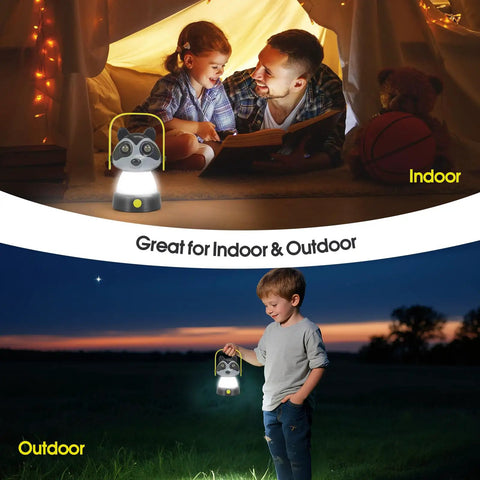 Kids Lantern And Headlamp Set 2 In 1 Rechargeable 360 Degree LED Tent Night Light For Toddlers with cute raccoon design used indoors and outdoors.