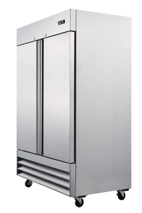 Heavy Duty 47 Cubic Foot Commercial Upright Freezer Double Door Stainless Steel Reach In Unit For Restaurants Bars And Shops featuring double doors and casters.