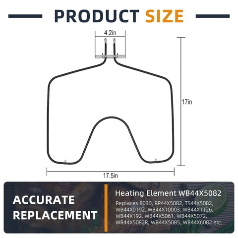 Oven Bake Element WB44X5082 Fits GE Hotpoint Kenmore Ranges Easy Install, dimensions 17.5x17 inches, showing dimensions and connectors