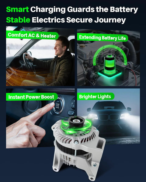 Infographic showing benefits of a Beefed Up Alternator For Mazda 5 L4 2.3L 2008 2009 2010 110 Amp 12 Volt Clockwise Rotation 6 Groove Pulley Replacement Part OE Numbers LFB618300 A3TJ1091 11398, highlighting comfort, battery life, power boost, and lights.