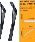 Close-up of Heavy Duty Shelf Brackets 8 Inch By 5 Inch Wall Mount L Shaped Steel Brackets For Floating Shelves, Black, with dimensions.