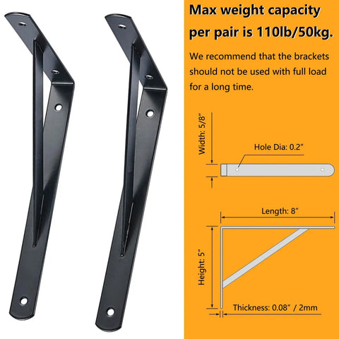 Close-up of Heavy Duty Shelf Brackets 8 Inch By 5 Inch Wall Mount L Shaped Steel Brackets For Floating Shelves, Black, with dimensions.