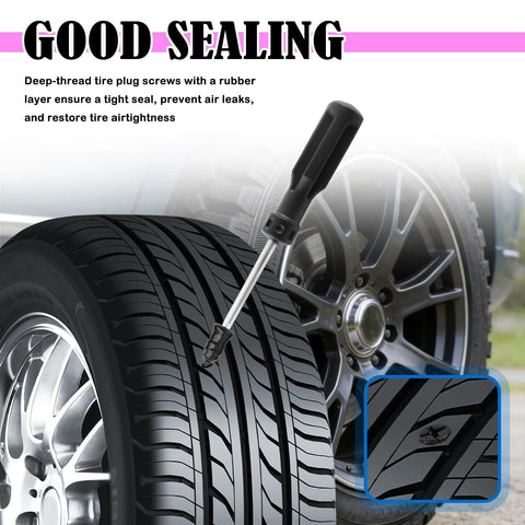 Self Service Tire Plugs Kit With Screwdriver 60Pcs Universal Emergency Tire Repair Tool Screw In Puncture Fix Kit For Cars Quick 10 Second Patch Car Accessories showing tire sealing with screwdriver
