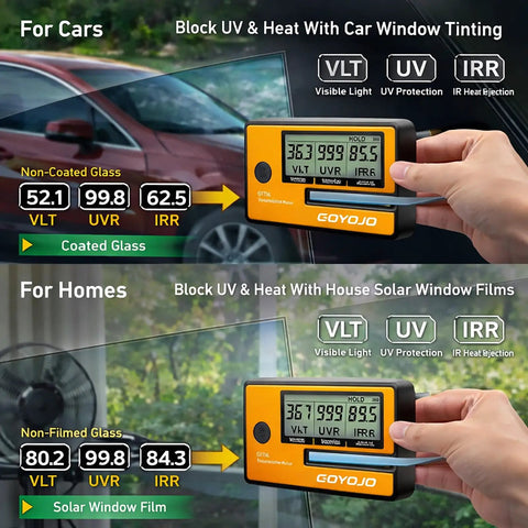 3 In 1 Tint Meter For Car Windows Pro Digital Solar Film Tester With UV IR Transmission And Light Transmittance Auto Calibration Fits Side Windows And Film Samples Stay Legal Window Film Testing For Auto Shops. handheld meter measuring car and home glass