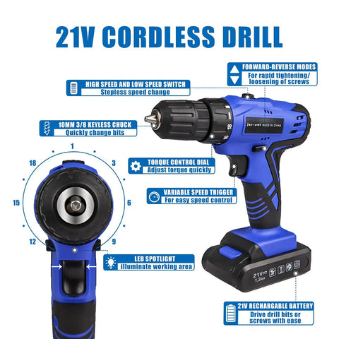 21V Cordless Drill Kit With 350 In Lb Torque, Variable Speed 0-1350 RPM, 10mm 3/8 Inch Keyless Chuck, 18 Plus 1 Clutch, 1.5Ah Li-Ion Battery And Charger, 107 Piece Home Tool Set For Quick DIY Projects