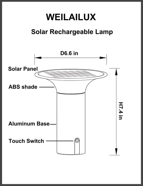 Diagram of Cool Solar Table Lamp Cordless Rechargeable Night Light With Touch Dimming Portable showing dimensions and features.