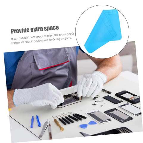 Heavy Duty Silicone Soldering Mat Heat Resistant Workbench Repair Pad For Phones Tablets PC And Watches, blue silicone repair pad in use.