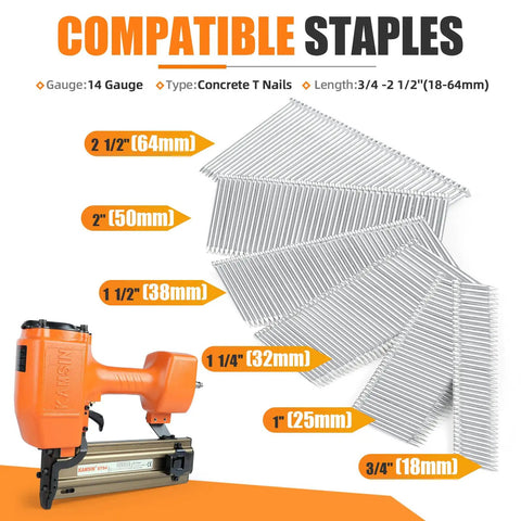 14 Gauge Pneumatic Concrete T Nailer With 400 Pcs 3/4 Inch T Nails, Accepts 3/4 Inch To 2-1/2 Inch Nails, Heavy Duty Nail Gun For Decking