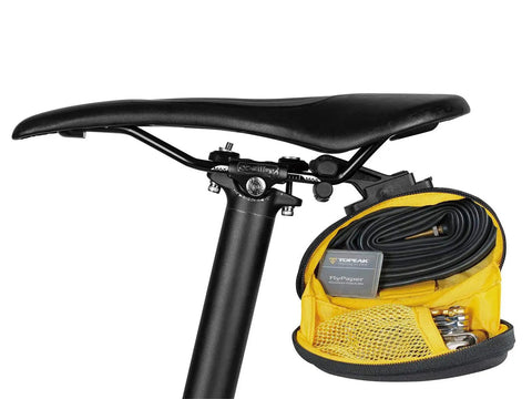 Open Sidekick Wedge Pack With Fixer F25 Small SemiRigid Weather Resistant Bike Saddle Bag showing internal mesh pockets with tools