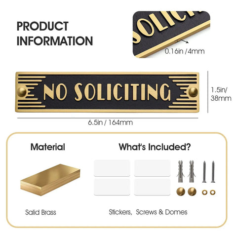Brass No Soliciting Sign Six Point Five Inch Classic Art Deco Style With Brushed Matte Finish Hidden Screws And Nanotape Adhesive