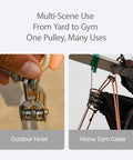Beefy Double Wheel Swivel Pulley Block M20 in use for outdoor hoist and home gym cable applications.