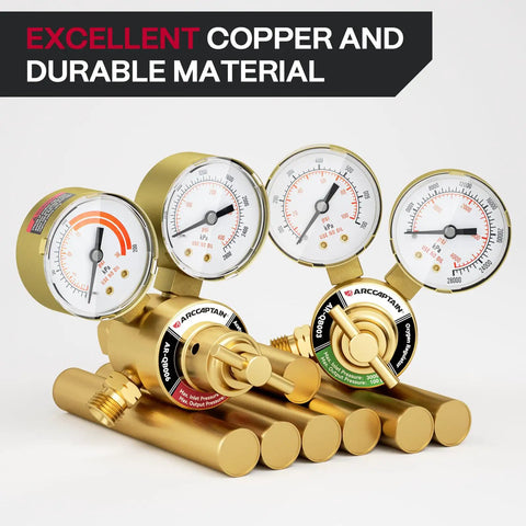 Go-To Dual Stage Oxygen And Acetylene Regulator Set With Easy Read Gauges, Brass Regulators close-up with copper finish