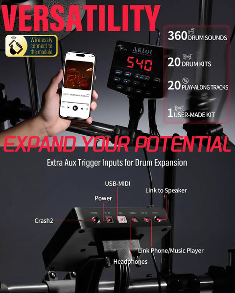 Close-up of control panel and connectivity options on electric drum set with tower kick and dual zone mesh pads for real feel and gig ready tone 10 inch snare 10 inch dual zone cymbals with choke USB MIDI throne 360 sounds and user kits for practice or live jams.