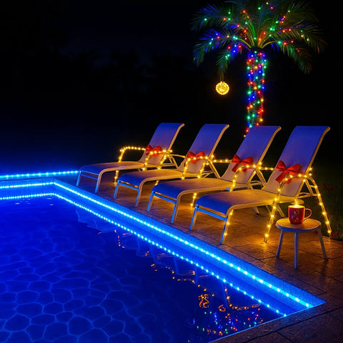 66ft Waterproof LED Rope Lights With Remote Color Changing Fairy String Lights by poolside, illuminating palm tree and loungers with bows.