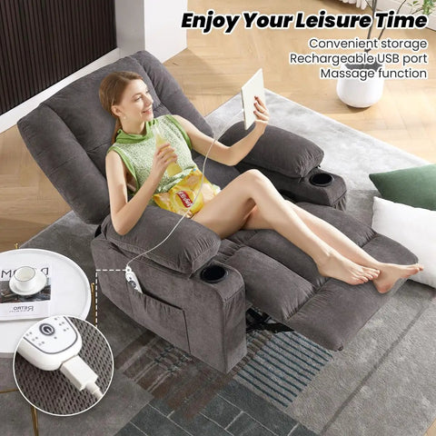Woman relaxing on oversized recliner chair for adults with vibration massage and lumbar heating, showing USB charge port and cup holder.