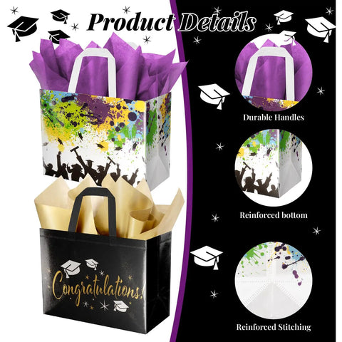Two Pack Graduation Gift Bags With Tissue Paper, Cards And Reusable Nonwoven Totes, White Colorful And Black Gold Design, 12.6 Inch Size