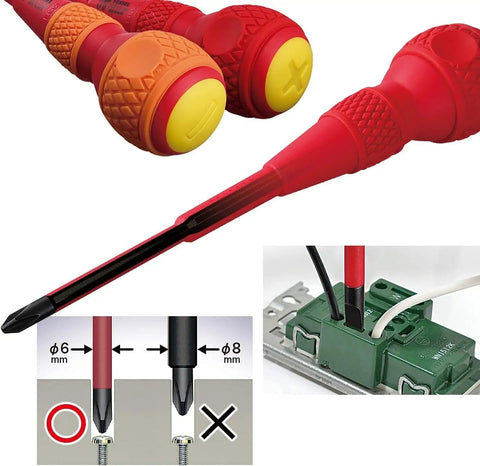 Ball Grip Insulated Screwdriver Set Five Piece VDE Certified, non-slip gripped handles, slim non-step blade shanks.