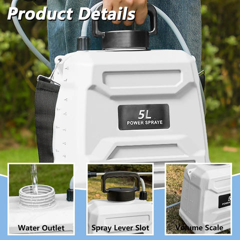 Battery Powered Garden Sprayer 1.35 Gallon Backpack With Three Mist Nozzles in use, showcasing design and function details.