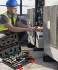 Technician using All-in-One Hydraulic Brake Line Flaring Tool Kit for 3/16 to 1/2 Inch Copper and Steel Tubing on HVAC unit