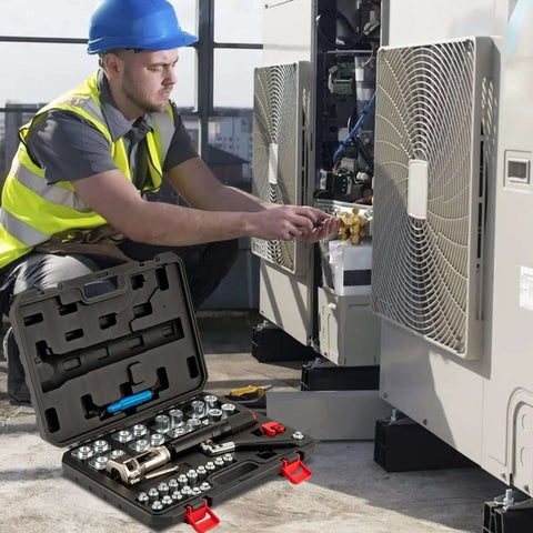Technician using All-in-One Hydraulic Brake Line Flaring Tool Kit for 3/16 to 1/2 Inch Copper and Steel Tubing on HVAC unit