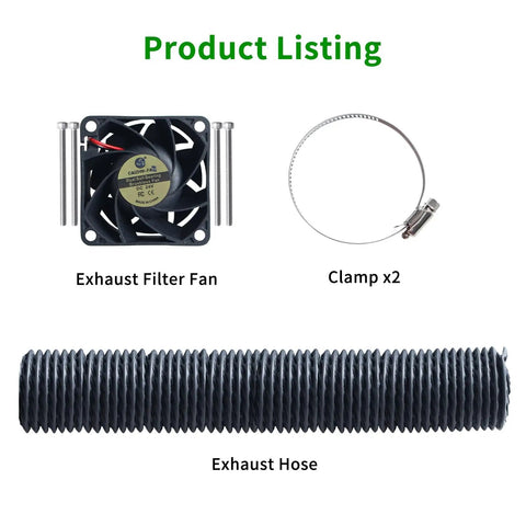 Voron 2.4 R2 Filament Fume Extraction Kit With Retractable Exhaust Hose And 6038 Ventilation Fan components including fan, clamps, and hose.