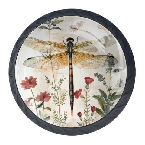 4 Pack Black Base Crystal Glass Kitchen Cabinet Knobs With Dope Vintage Dragonflies And Wildflowers Floral Design Decorative Drawer Pulls For Doors Cupboards Wardrobes Dresser Hardware 35mm Top Diameter