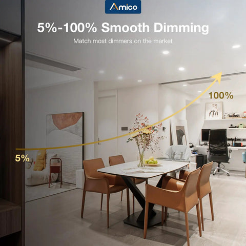 Modern dining room with 12 Pack Slim LED Semi Recessed Canless Downlights Kit DIY Ready With Junction Box 5 Inch 5CCT dimming effect