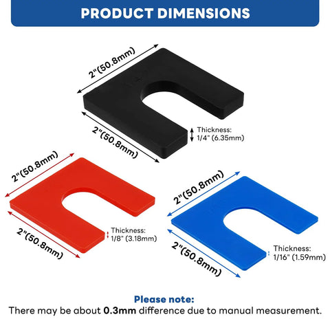 60-Piece Auto Lift Leveling Shim Kit For 2-Post And 4-Post Lifts, showing color-coded shims with dimensions