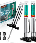 Three Pack Tire Tread Depth Gauge Set With Color Coded Readouts In Thirty Second Inch Increments For Quick Car And Semi Truck Tire Wear Checks No Fuss Easy To Read And Accurate Tread Depth Tool Includes Extra Valve Caps